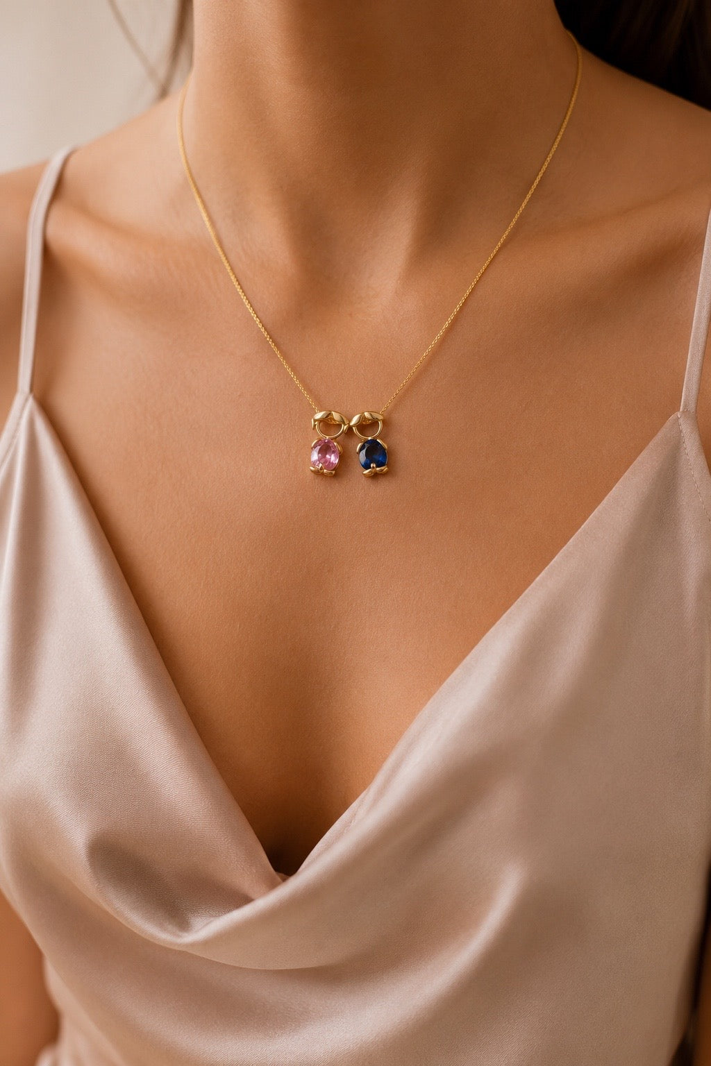 Personalized birthstone necklace for mom with boy and girl figures in gold