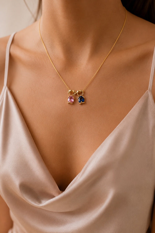 Personalized birthstone necklace for mom with boy and girl figures in gold